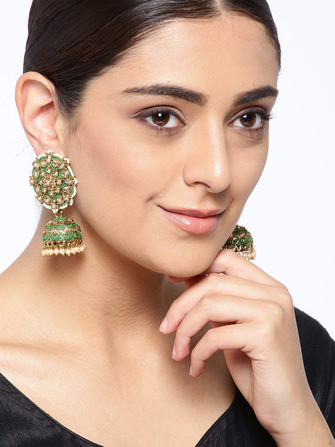 Priyaasi Green Traditional Indian Jhumka Earrings for Women | Fashionable Floral Design | Stone Studded | Pearl Drop | Gold Plated | Earrings for Women with Pushback Closure | Ethnic Bridal Earrings