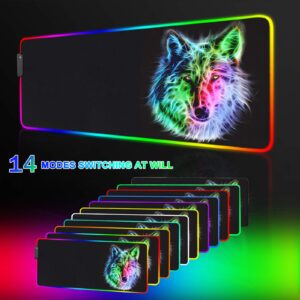 RGB Mouse Pad,Gaming Mouse Pad RGB,Cool Animal LED Mousepad-14 Light Modes Soft Non-Slip Base Large LED Mouse Mat for Laptop Computer PC Games 31.5 X 12 inches (RGB Wolf Mouse Pad)