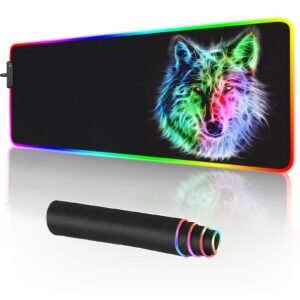 RGB Mouse Pad,Gaming Mouse Pad RGB,Cool Animal LED Mousepad-14 Light Modes Soft Non-Slip Base Large LED Mouse Mat for Laptop Computer PC Games 31.5 X 12 inches (RGB Wolf Mouse Pad)