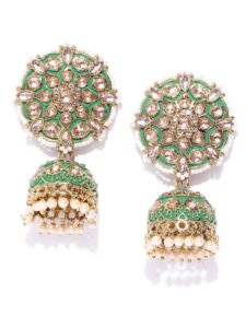 priyaasi green traditional indian jhumka earrings for women | fashionable floral design | stone studded | pearl drop | gold plated | earrings for women with pushback closure | ethnic bridal earrings