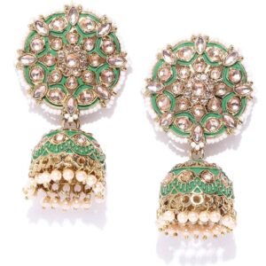 Priyaasi Green Traditional Indian Jhumka Earrings for Women | Fashionable Floral Design | Stone Studded | Pearl Drop | Gold Plated | Earrings for Women with Pushback Closure | Ethnic Bridal Earrings