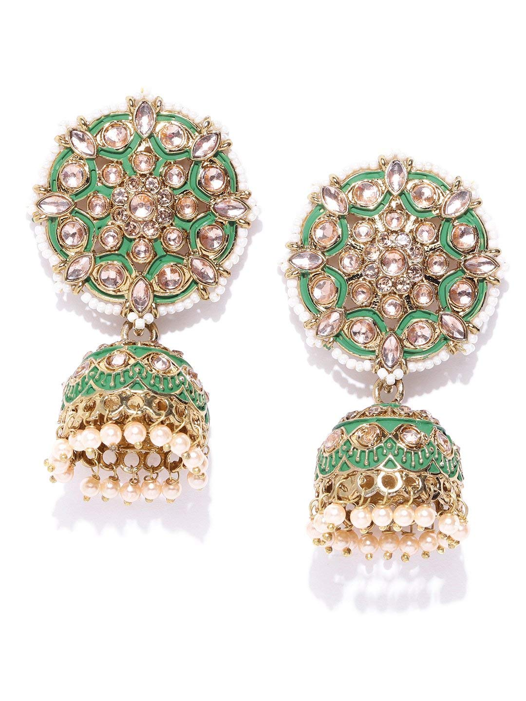 Priyaasi Green Traditional Indian Jhumka Earrings for Women | Fashionable Floral Design | Stone Studded | Pearl Drop | Gold Plated | Earrings for Women with Pushback Closure | Ethnic Bridal Earrings