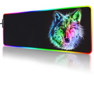 rgb mouse pad,gaming mouse pad rgb,cool animal led mousepad-14 light modes soft non-slip base large led mouse mat for laptop computer pc games 31.5 x 12 inches (rgb wolf mouse pad)