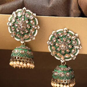 Priyaasi Green Traditional Indian Jhumka Earrings for Women | Fashionable Floral Design | Stone Studded | Pearl Drop | Gold Plated | Earrings for Women with Pushback Closure | Ethnic Bridal Earrings