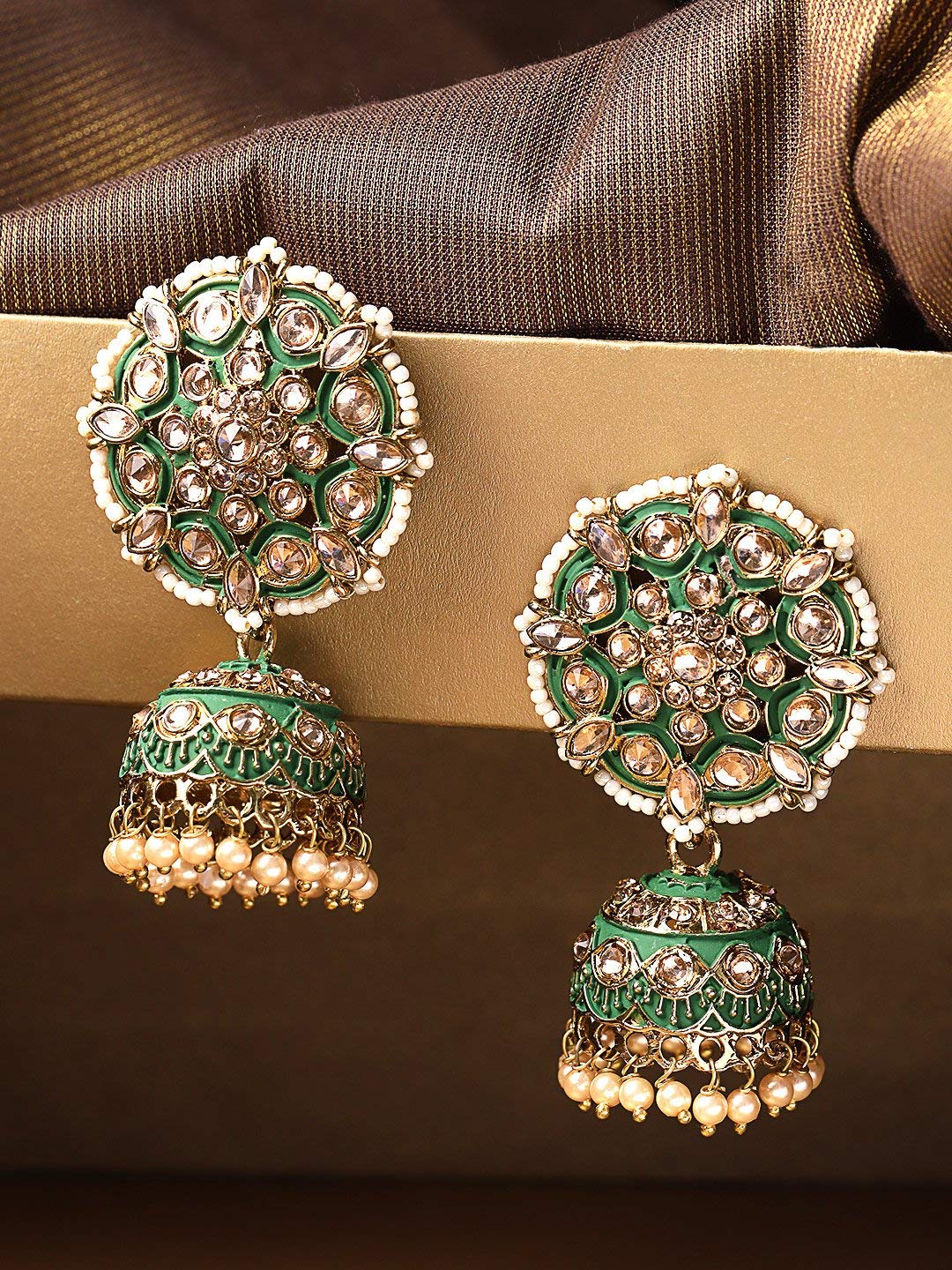 Priyaasi Green Traditional Indian Jhumka Earrings for Women | Fashionable Floral Design | Stone Studded | Pearl Drop | Gold Plated | Earrings for Women with Pushback Closure | Ethnic Bridal Earrings