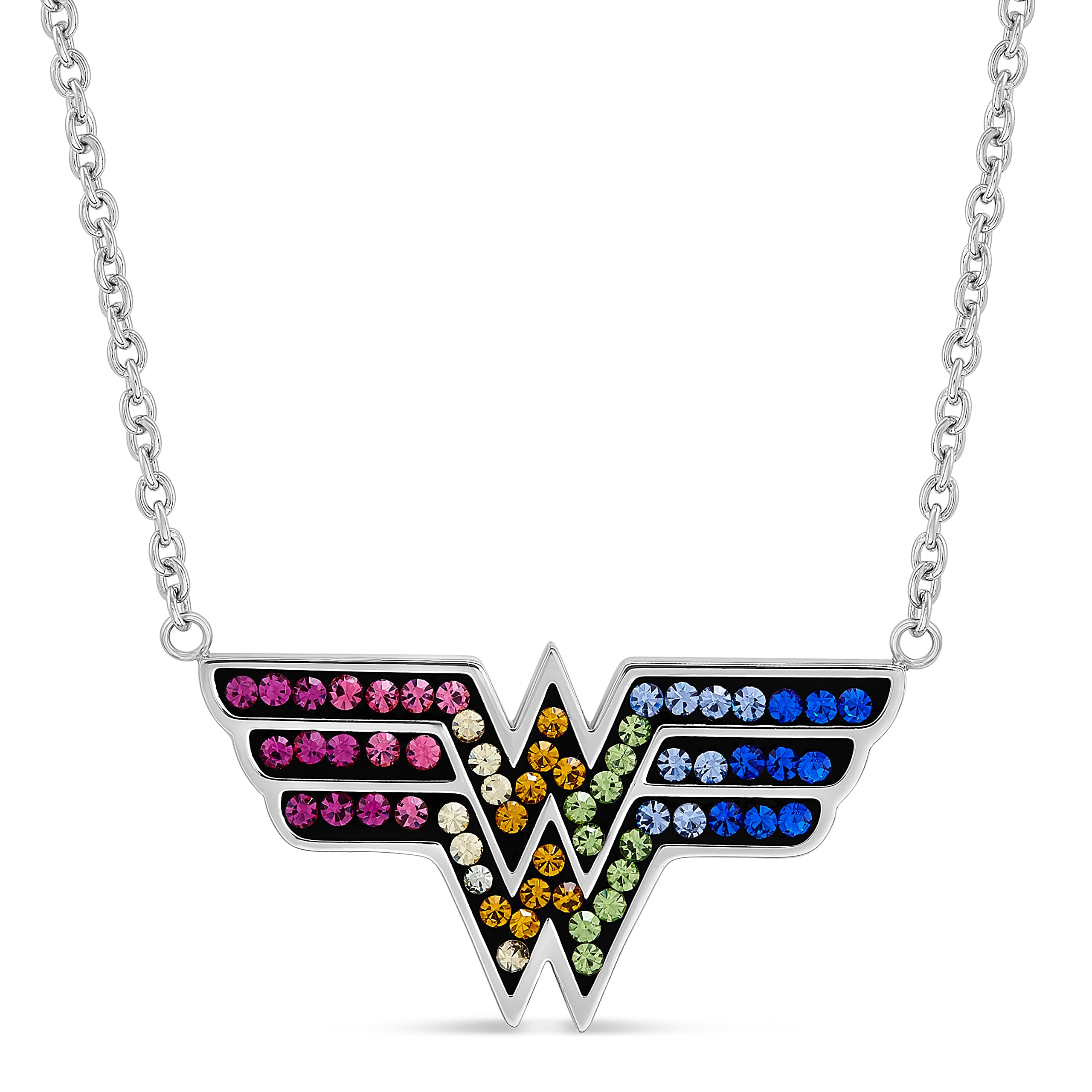 DC Comics Wonder Woman Multi Color Crystal Logo Pendant, Stainless Steel Necklace, 18"