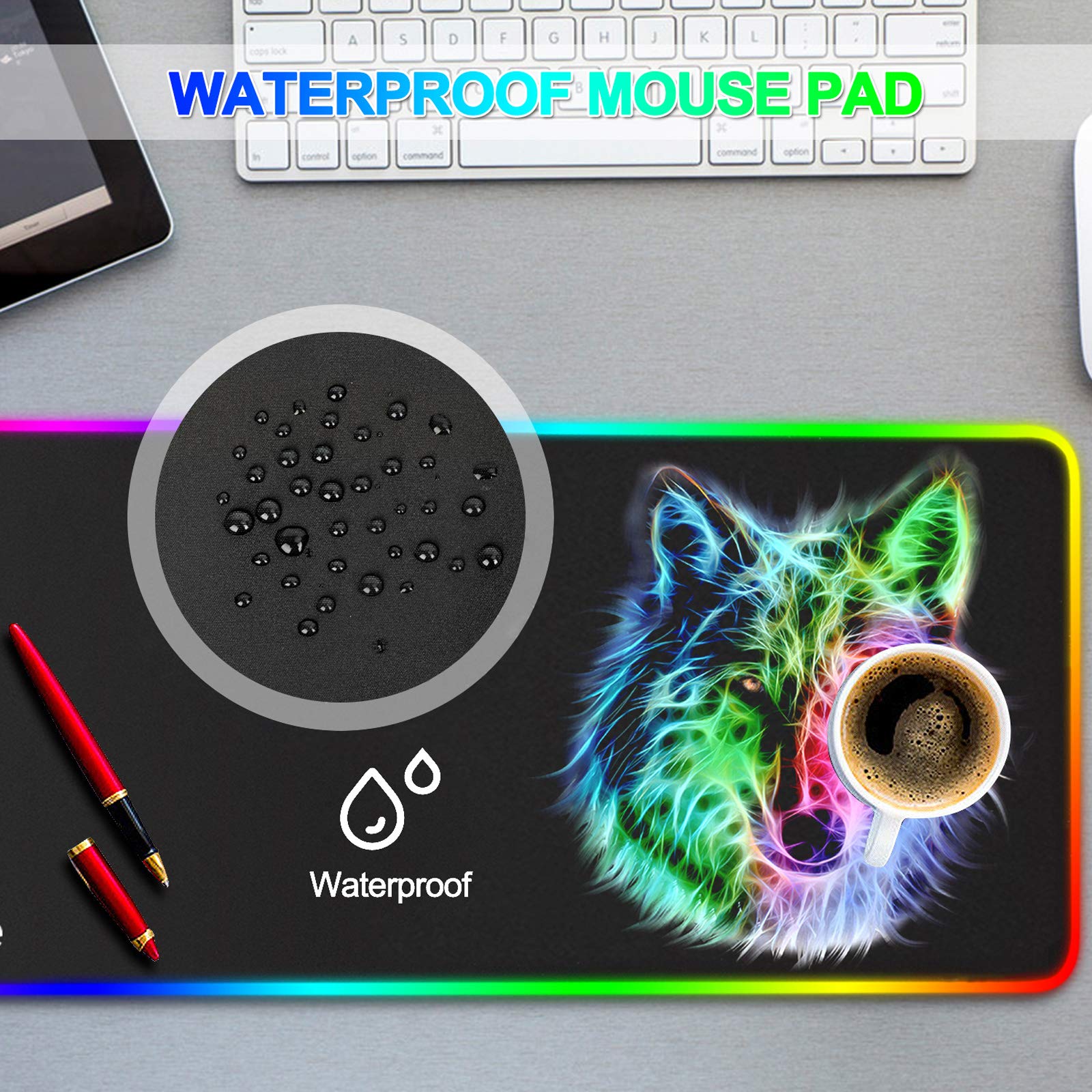 RGB Mouse Pad,Gaming Mouse Pad RGB,Cool Animal LED Mousepad-14 Light Modes Soft Non-Slip Base Large LED Mouse Mat for Laptop Computer PC Games 31.5 X 12 inches (RGB Wolf Mouse Pad)