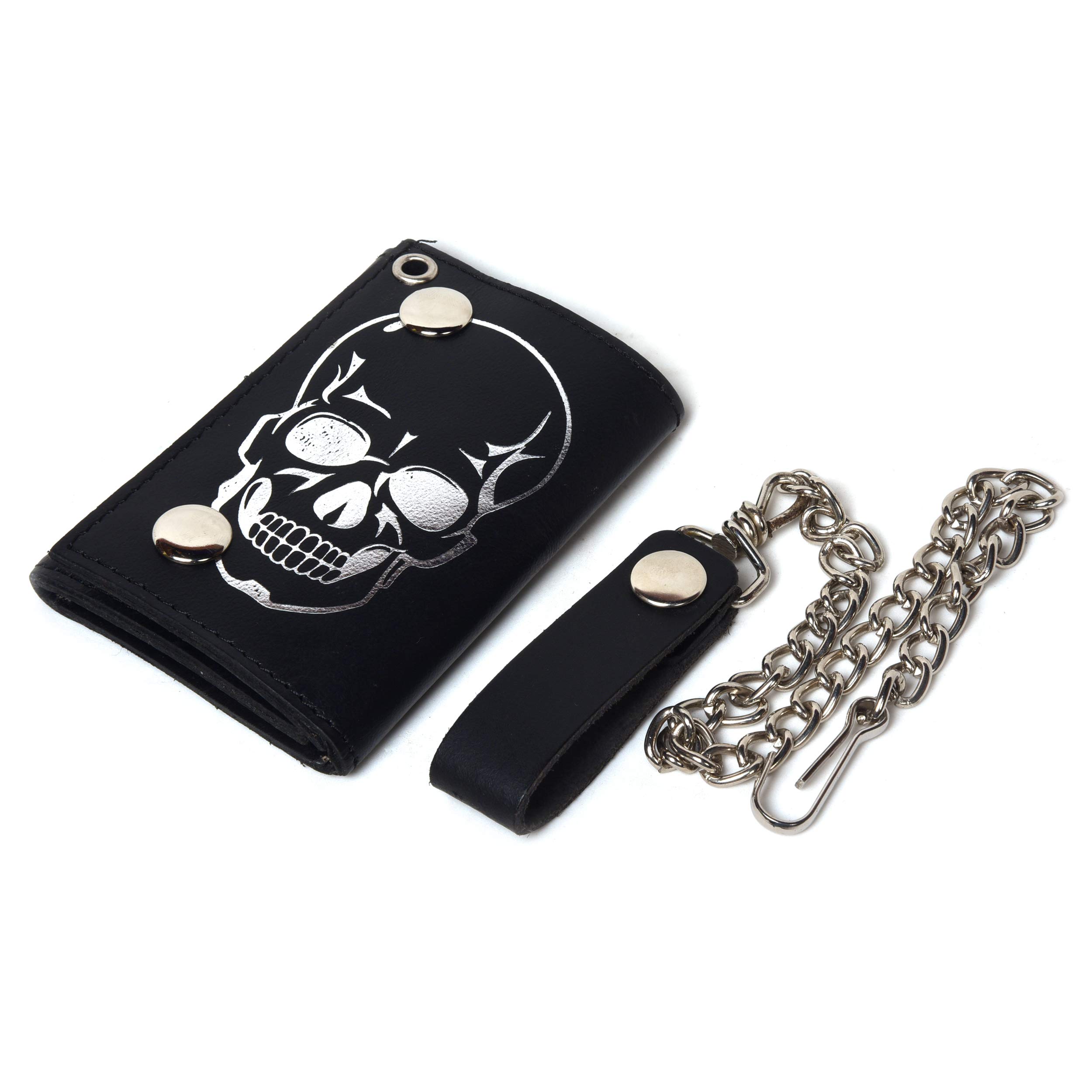 Leatherboss Genuine Leather Trifold Skull Biker Chain Wallet Credit Card Cash with ID Holder, Black