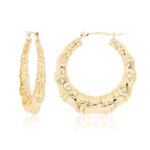 14K Yellow Gold 4.50mm Thick Fancy Bamboo Hoop Earrings with Hinged Clasp | 4.50x30mm Hoop | Round Hoop Earrings | Solid Gold Earrings For Women