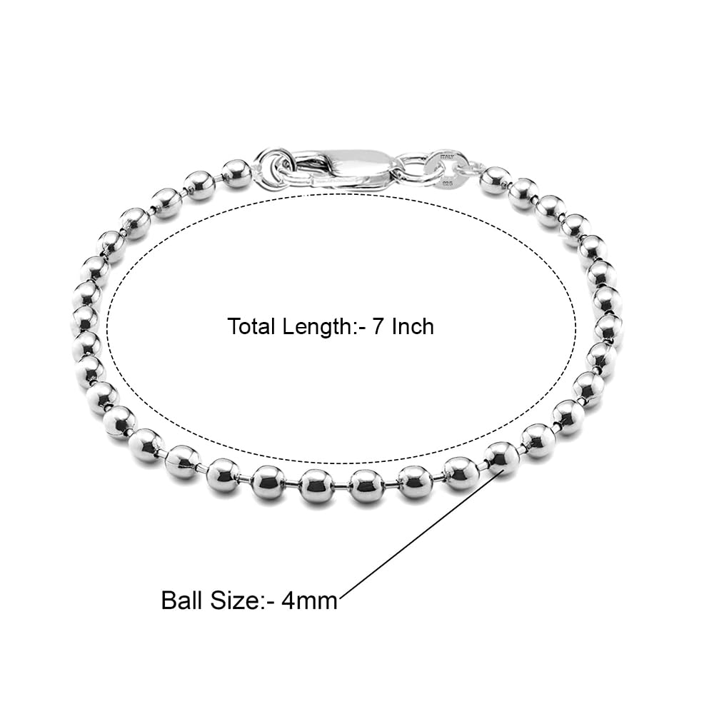 LeCalla 925 Sterling Silver Italian Handmade 4 MM Bead Ball Strand Chain Bracelet for Teen and Women 7 Inches