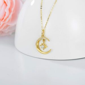 SISGEM 14k Gold Moon Necklace for Women, Real Gold Moon and North Star Pendant with Chain, Jewelry Gifts for Her, 16+1+1 Inch