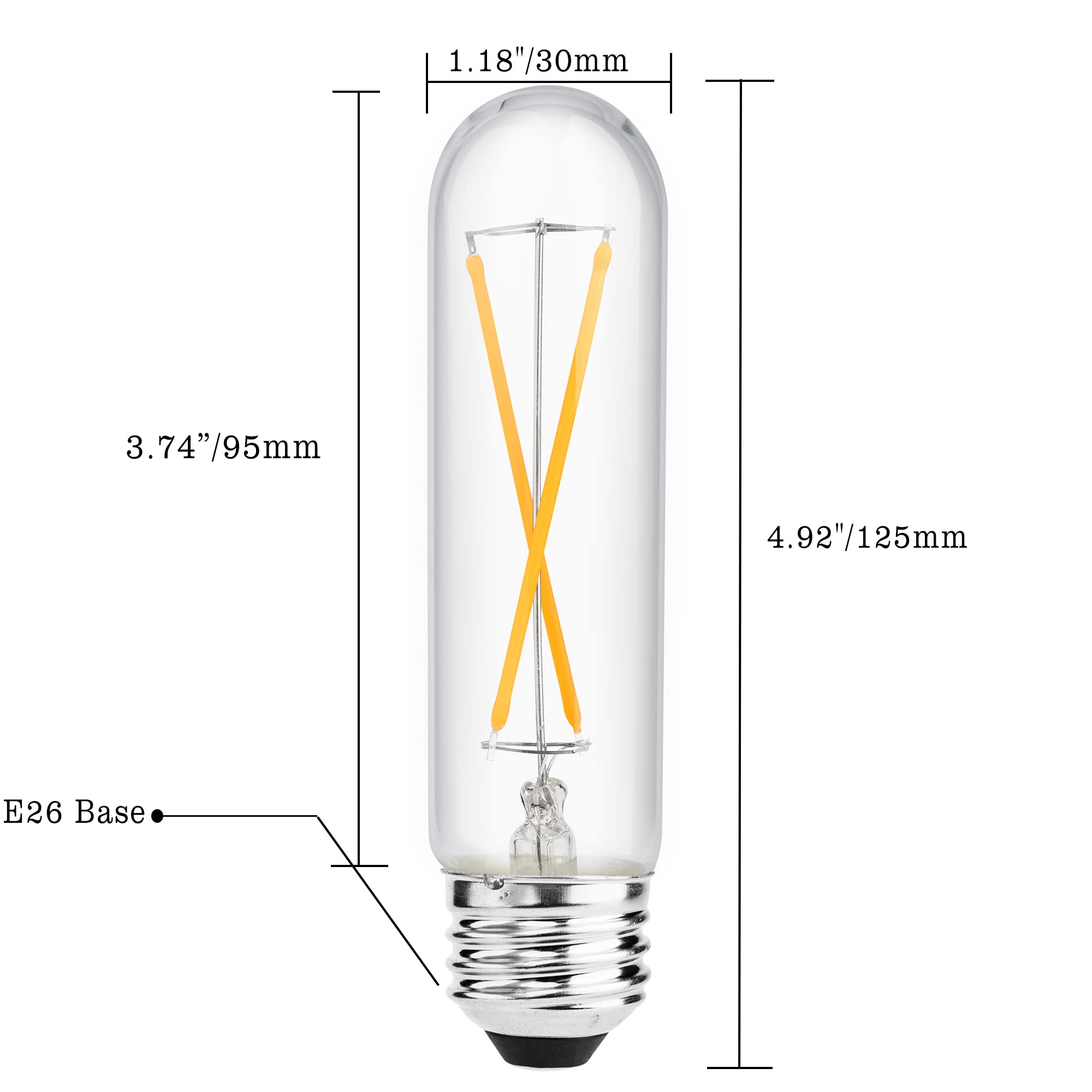 Yaoten T10(T30) E26 TDimmable Led Edison Bulb, Tubular Vintage, Equal 25 Watt Incandescent Bulb, 2W Warm White 2700K for Chandeliers, Ceiling Fan, Wall scones, Pendant, 3 Pack