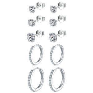 925 Sterling Silver Stud Hoop Earrings Set - Cubic Zirconia Stud Earrings for Women - White Gold Plated Hypoallergenic hoop Earrings（5 pairs）