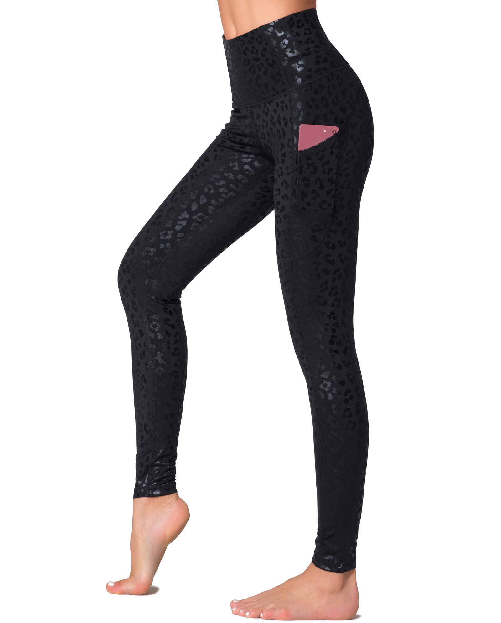 Dragon Fit High Waist Yoga Leggings with 3 Pockets,Tummy Control Workout Running 4 Way Stretch Yoga Pants (Medium, Black Leopard)