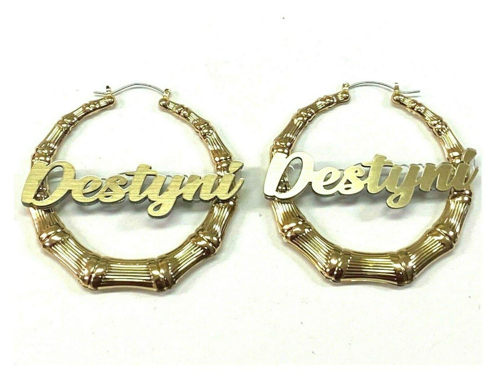 Stylish Bamboo Earrings Personalized Custom Gold 1.5, 2.5, 3.5" Size and Background Color Choice Hoop Name Plate Laser Cut Made To Order - Any Name Script Cursive Letters Stunning, Quality, Attractive (3.5" Bamboo Earrings)