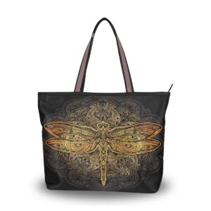 qmxo ethnic bird dragonfly black handbags and purse for women tote bag large capacity top handle shopper shoulder bag