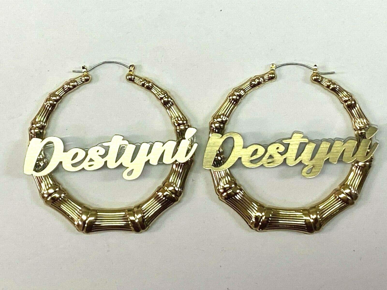 Stylish Bamboo Earrings Personalized Custom Gold 1.5, 2.5, 3.5" Size and Background Color Choice Hoop Name Plate Laser Cut Made To Order - Any Name Script Cursive Letters Stunning, Quality, Attractive (3.5" Bamboo Earrings)