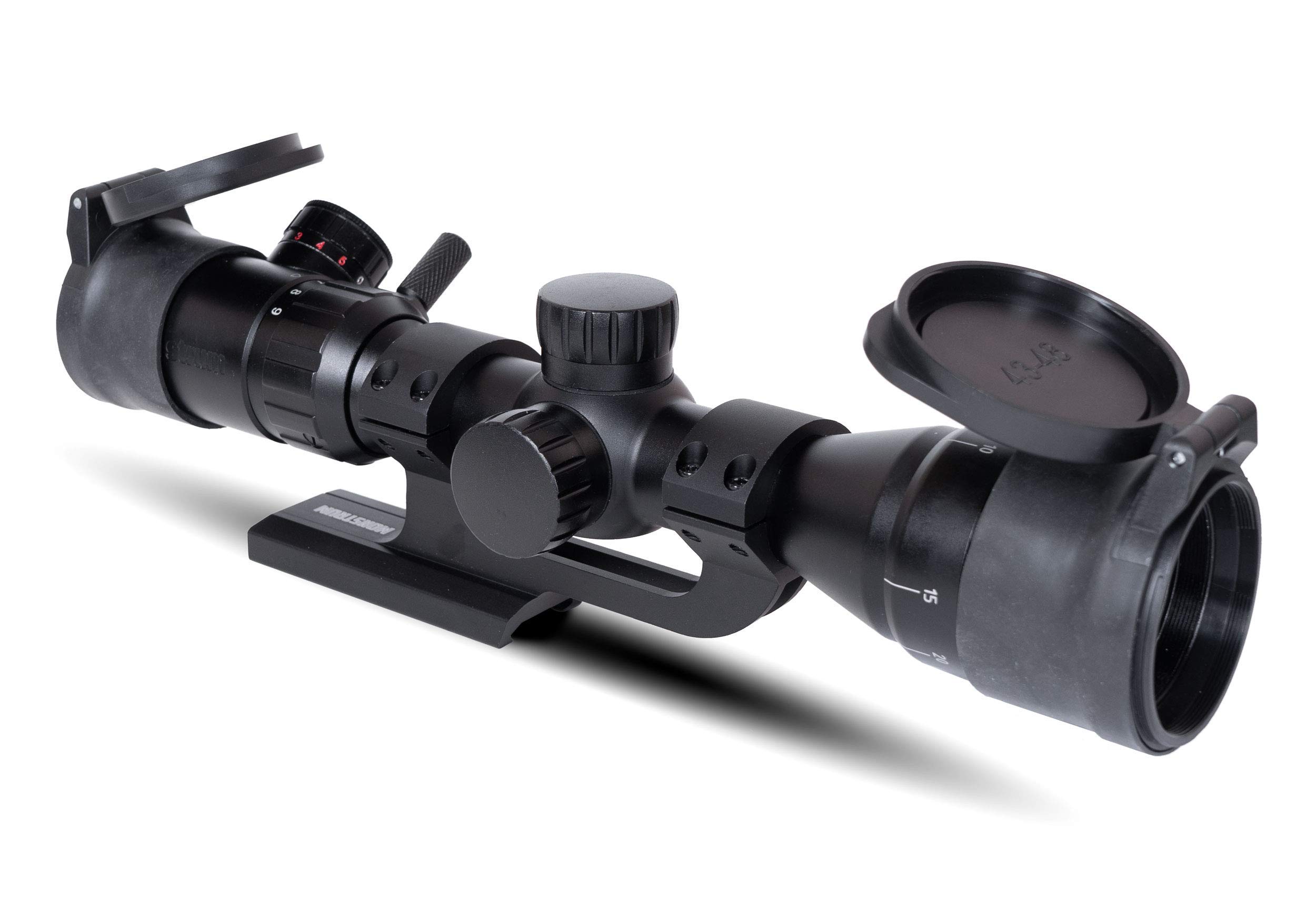 Monstrum 3-9x32 Rifle Scope with Rangefinder Reticle | ZR250 H-Series Offset Scope Mount | Monstrum Flip Up Lens Cover Set | Bundle