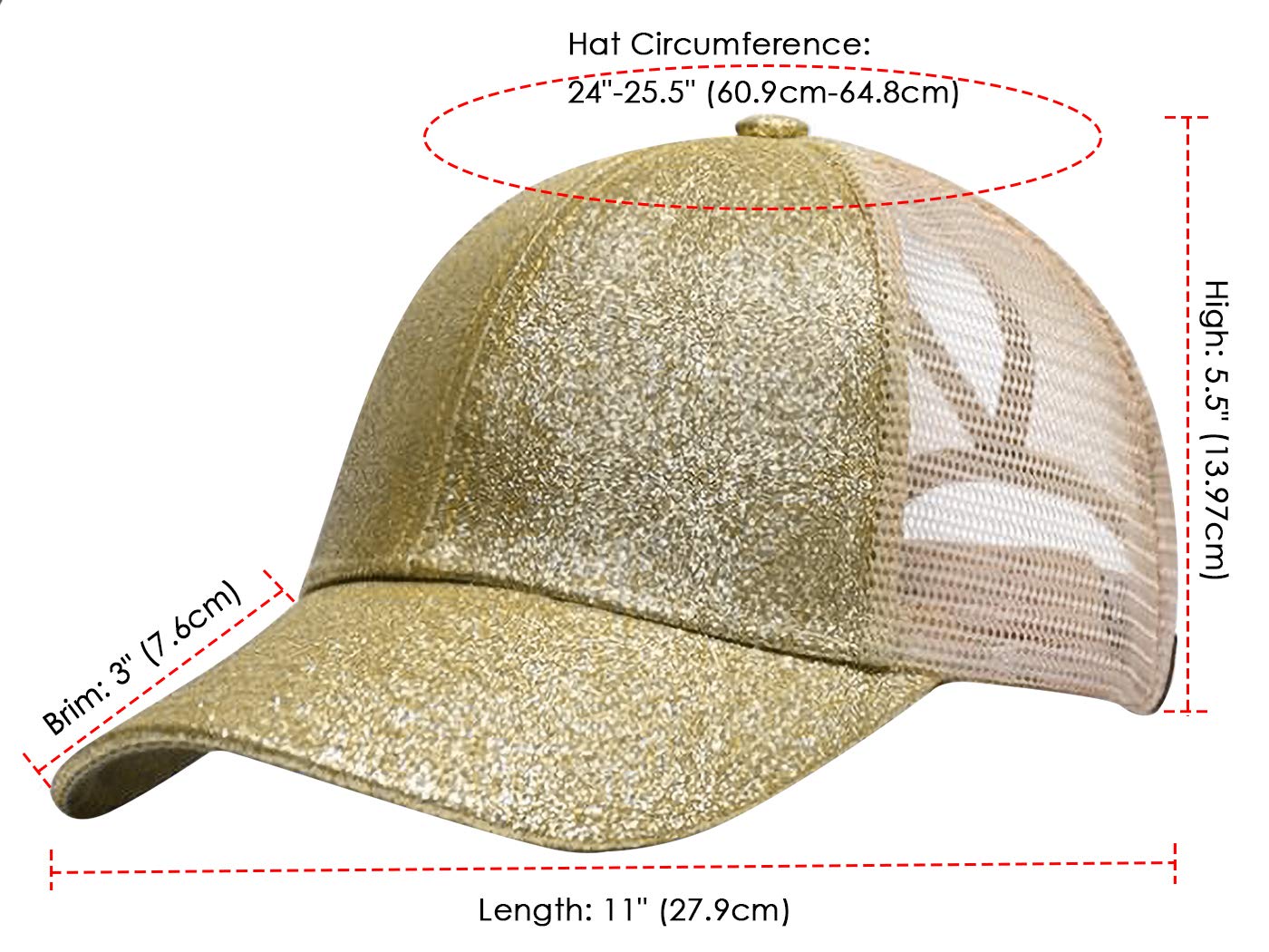 Anna-Kaci Womens Baseball Cap Glitter Ponytail Hat High Messy Bun Ponycap Trucker Dad Hat, Gold