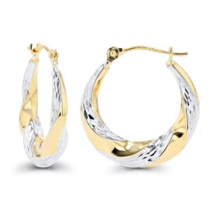 14K Yellow and White Gold Diamond Cut & Polished Twisted Hoop Earrings For Women | 4x20mm Hoops | Earrings For Sensitive Ears | Solid Gold Two Tone Hoops For Women