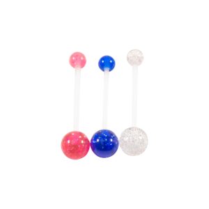 loving my bump pregnancy maternity belly navel bar bars belly button ring bioflex plastic flexible glitter ptfe retainer (set of 3 - blue, pink, clear glitter)