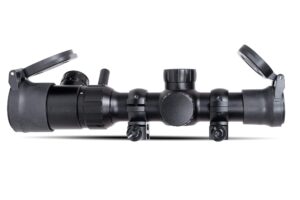 monstrum 1-4x20 rifle scope with rangefinder reticle and medium profile scope rings | monstrum flip up lens cover set | bundle