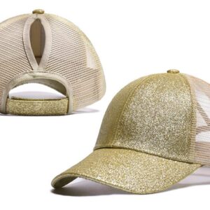 Anna-Kaci Womens Baseball Cap Glitter Ponytail Hat High Messy Bun Ponycap Trucker Dad Hat, Gold