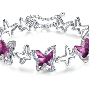 GEMMANCE Butterfly Link Charm Bracelet with Amethyst Pink Birthstone Crystal for February, Silver-Tone, 18”+2”Chain