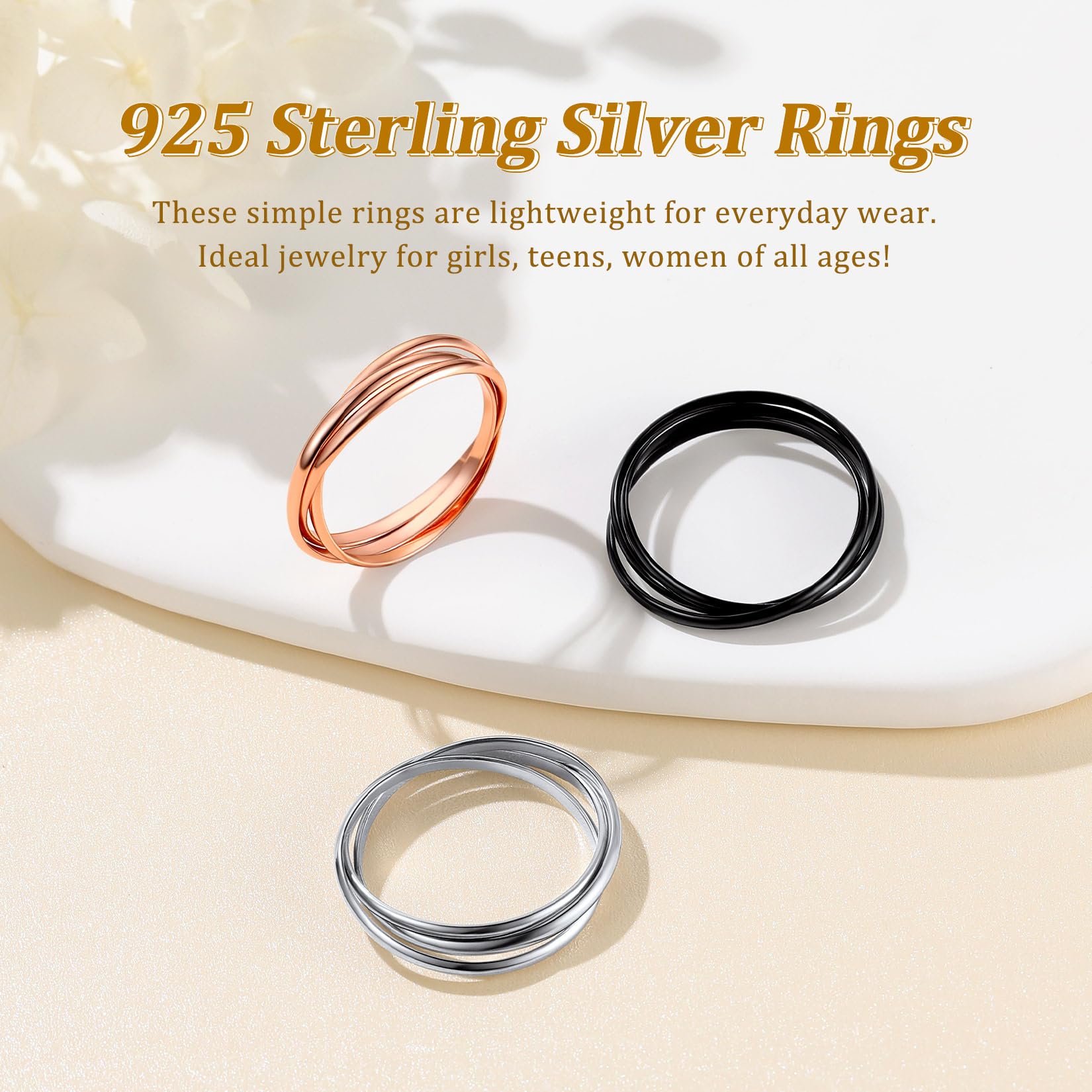 Suplight 925 Sterling Silver Ring Triple Interlocked Rolling High Polish Tarnish Resistant Russian Wedding Band, Anixety Stree Relief Fidget Spinner Rings for Women Nickel Free Size 12