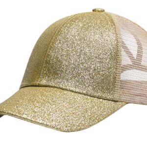 Anna-Kaci Womens Baseball Cap Glitter Ponytail Hat High Messy Bun Ponycap Trucker Dad Hat, Gold