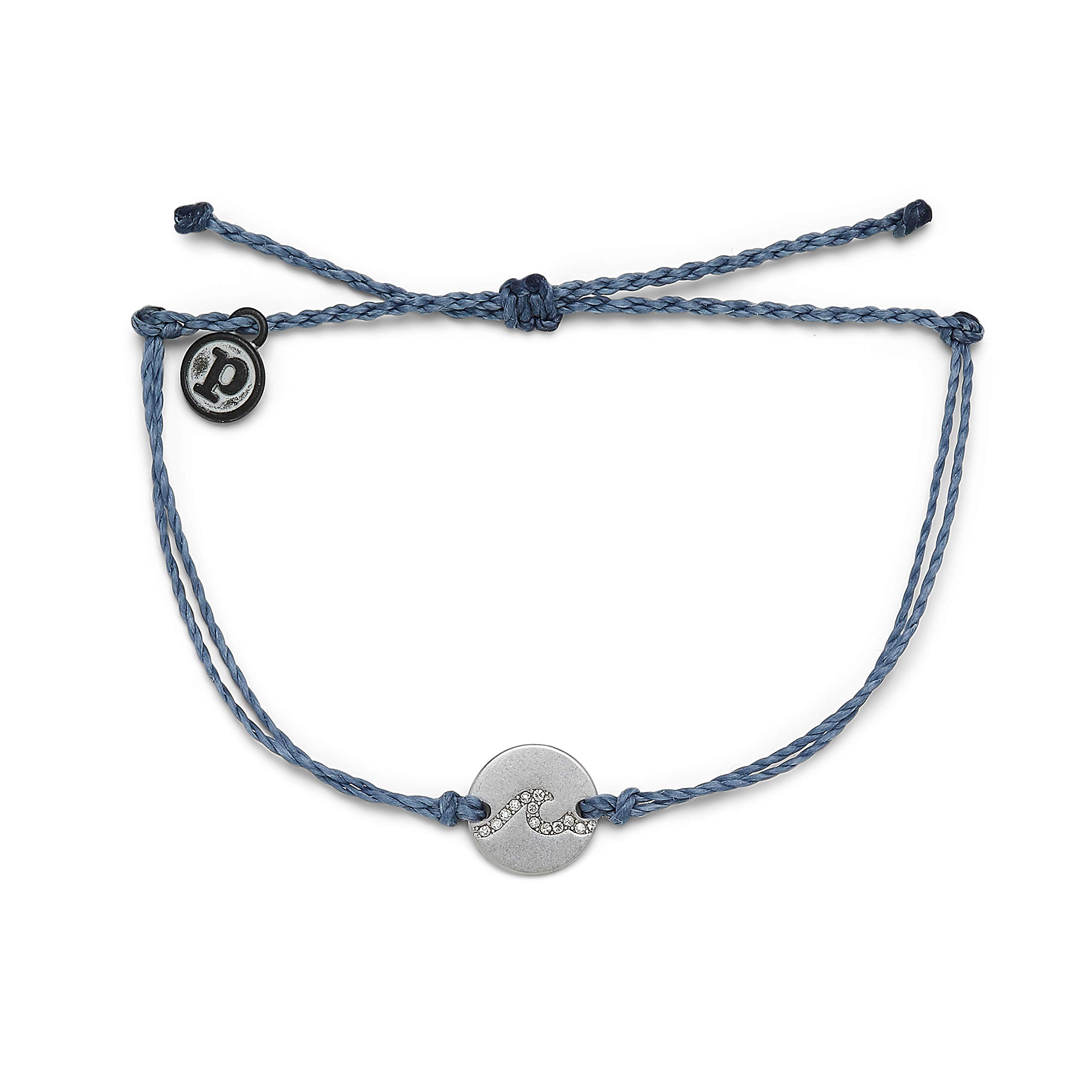 Pura Vida Silver Pave Wave Coin Bracelet - 100% Waterproof, Adjustable Band - Brand Charm, Blue Steel