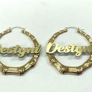 Stylish Bamboo Earrings Personalized Custom Gold 1.5, 2.5, 3.5" Size and Background Color Choice Hoop Name Plate Laser Cut Made To Order - Any Name Script Cursive Letters Stunning, Quality, Attractive (3.5" Bamboo Earrings)