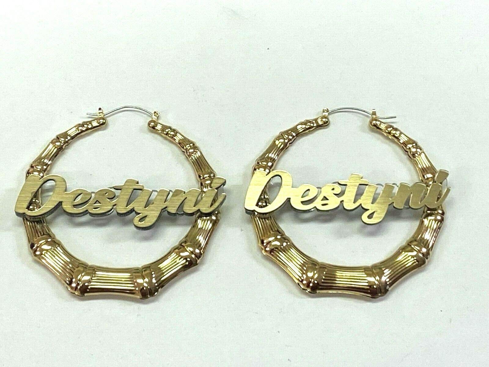 Stylish Bamboo Earrings Personalized Custom Gold 1.5, 2.5, 3.5" Size and Background Color Choice Hoop Name Plate Laser Cut Made To Order - Any Name Script Cursive Letters Stunning, Quality, Attractive (3.5" Bamboo Earrings)