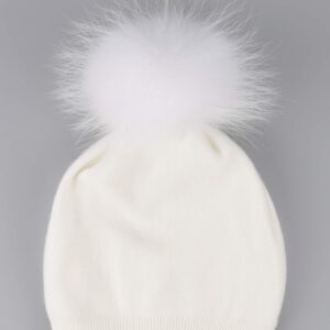 EASTER BARTHE White Cashmere Beanie Hat Women Winter Slouchy Knit Beanie Hat with White Fur Pom Pom Beanie Ski Hat Stocking Cap Hat