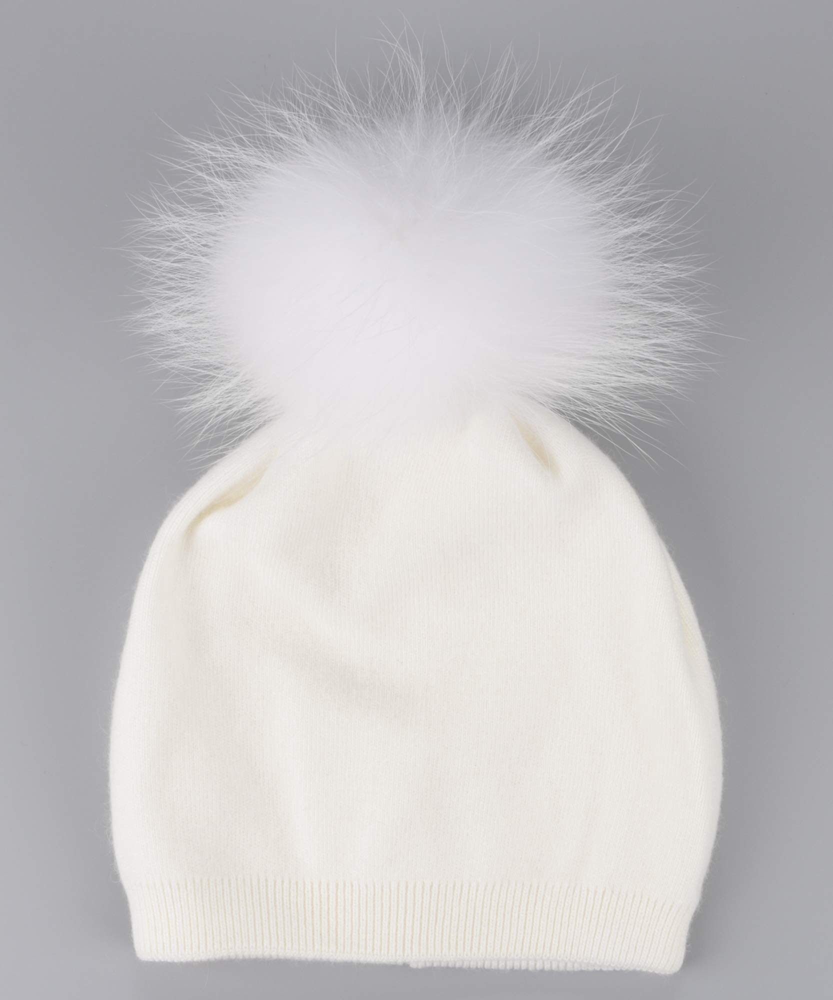 EASTER BARTHE White Cashmere Beanie Hat Women Winter Slouchy Knit Beanie Hat with White Fur Pom Pom Beanie Ski Hat Stocking Cap Hat