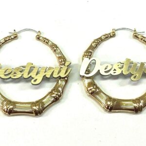 Stylish Bamboo Earrings Personalized Custom Gold 1.5, 2.5, 3.5" Size and Background Color Choice Hoop Name Plate Laser Cut Made To Order - Any Name Script Cursive Letters Stunning, Quality, Attractive (3.5" Bamboo Earrings)