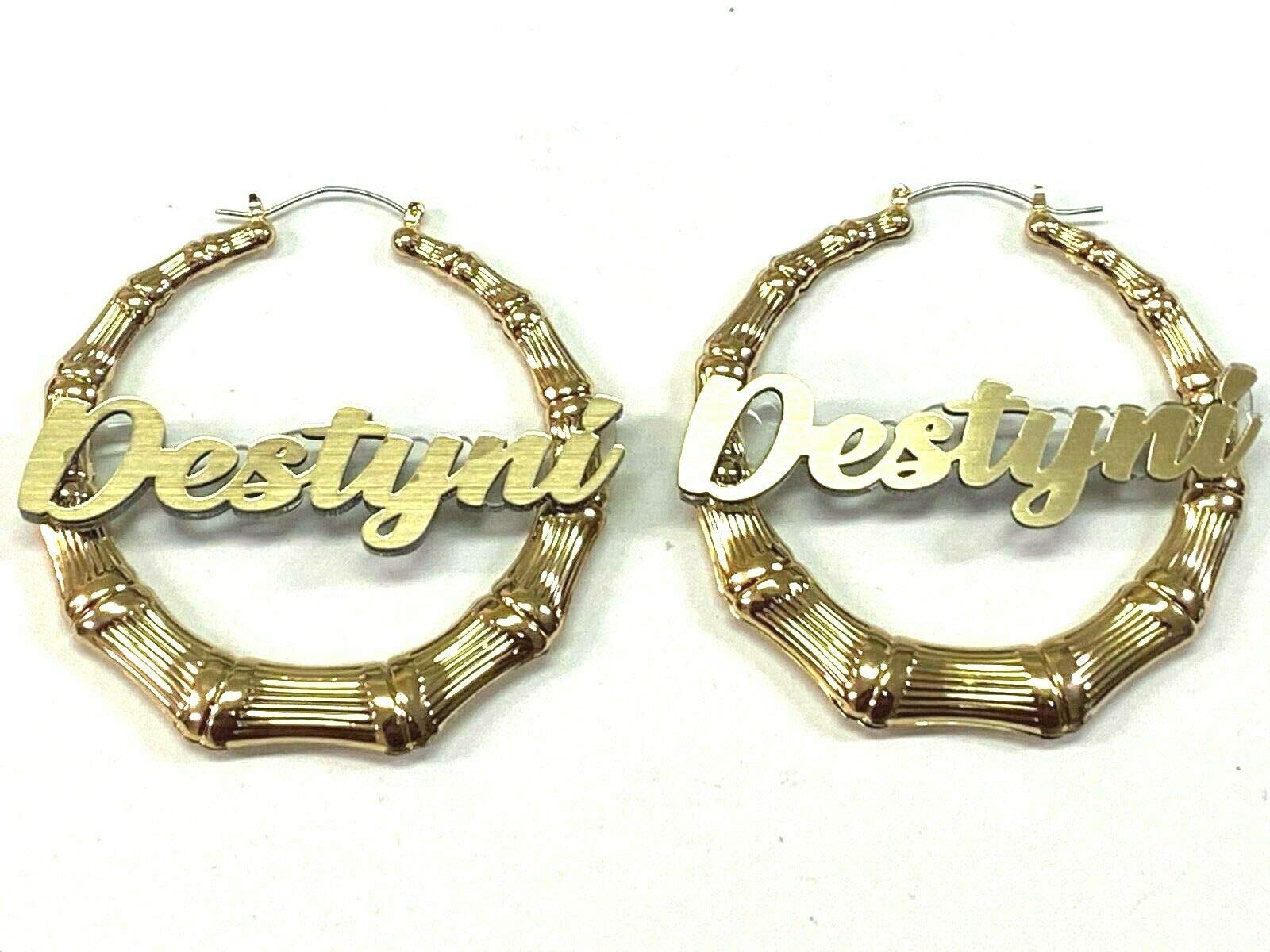 Stylish Bamboo Earrings Personalized Custom Gold 1.5, 2.5, 3.5" Size and Background Color Choice Hoop Name Plate Laser Cut Made To Order - Any Name Script Cursive Letters Stunning, Quality, Attractive (3.5" Bamboo Earrings)