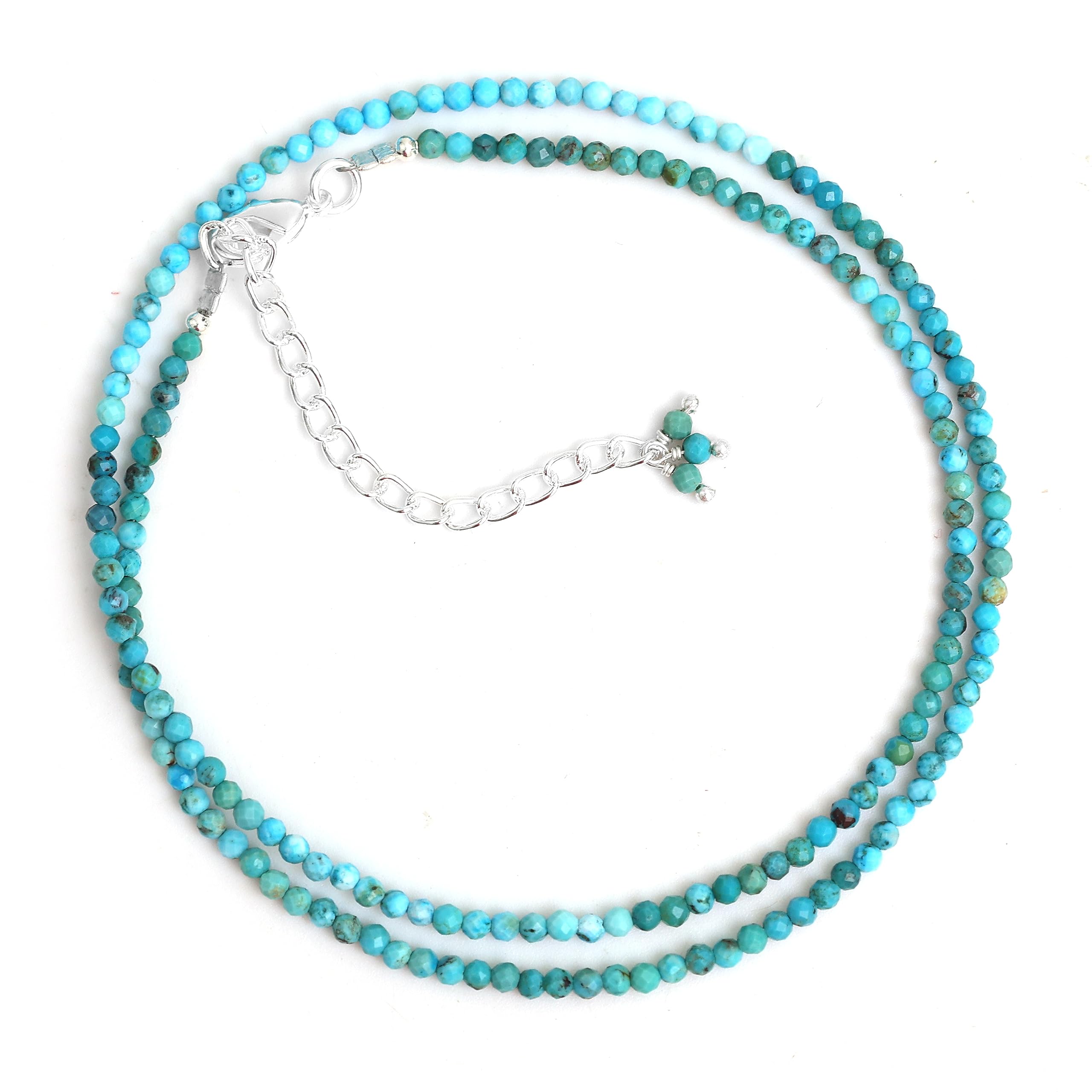 Gempires Genuine Turquoise Beads Beaded Choker Necklace for Women December Birthstone, 2.4-2.5 mm Faceted Beads With 16 + 2 Inch Adjustable Silver Plated Chain