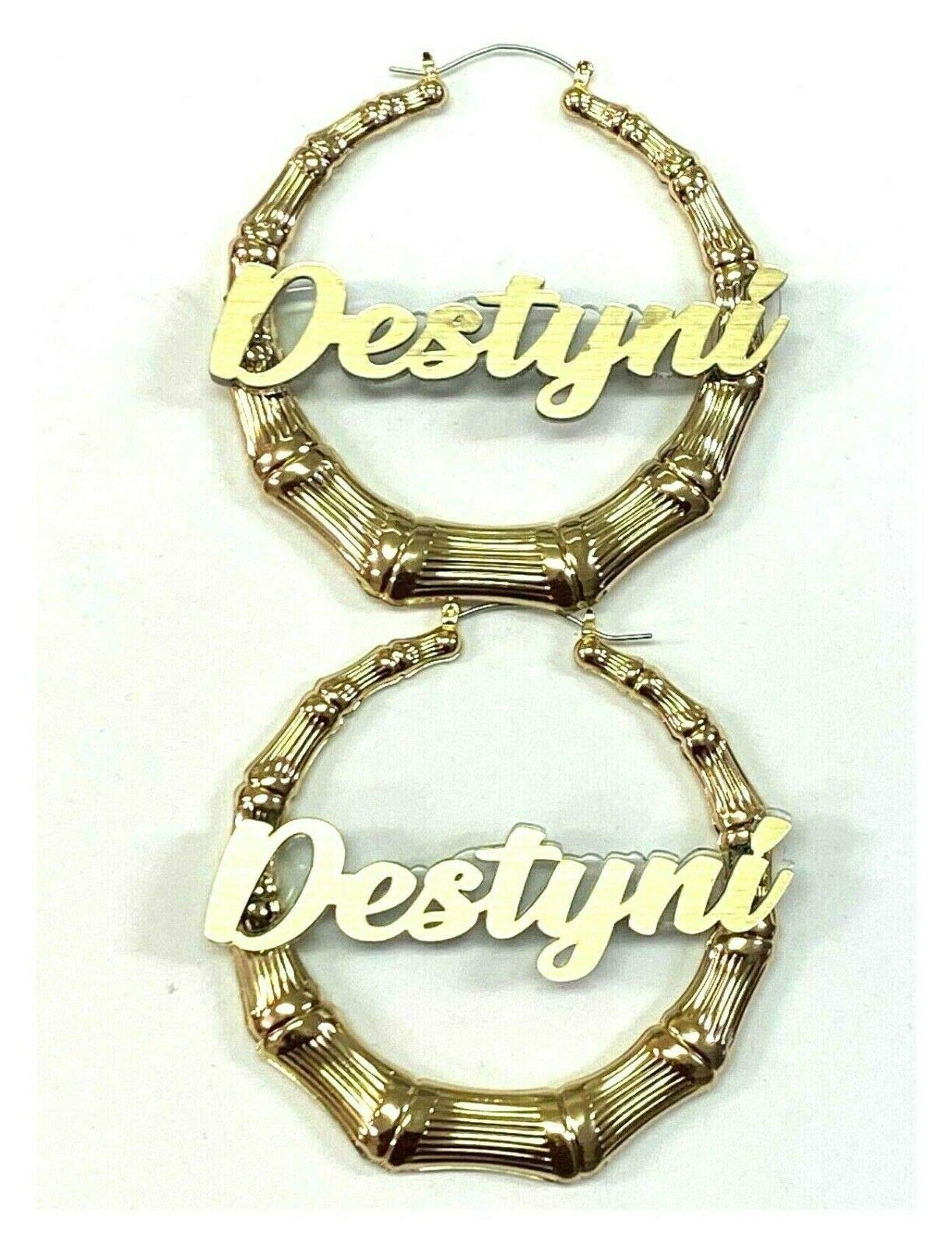 Stylish Bamboo Earrings Personalized Custom Gold 1.5, 2.5, 3.5" Size and Background Color Choice Hoop Name Plate Laser Cut Made To Order - Any Name Script Cursive Letters Stunning, Quality, Attractive (3.5" Bamboo Earrings)