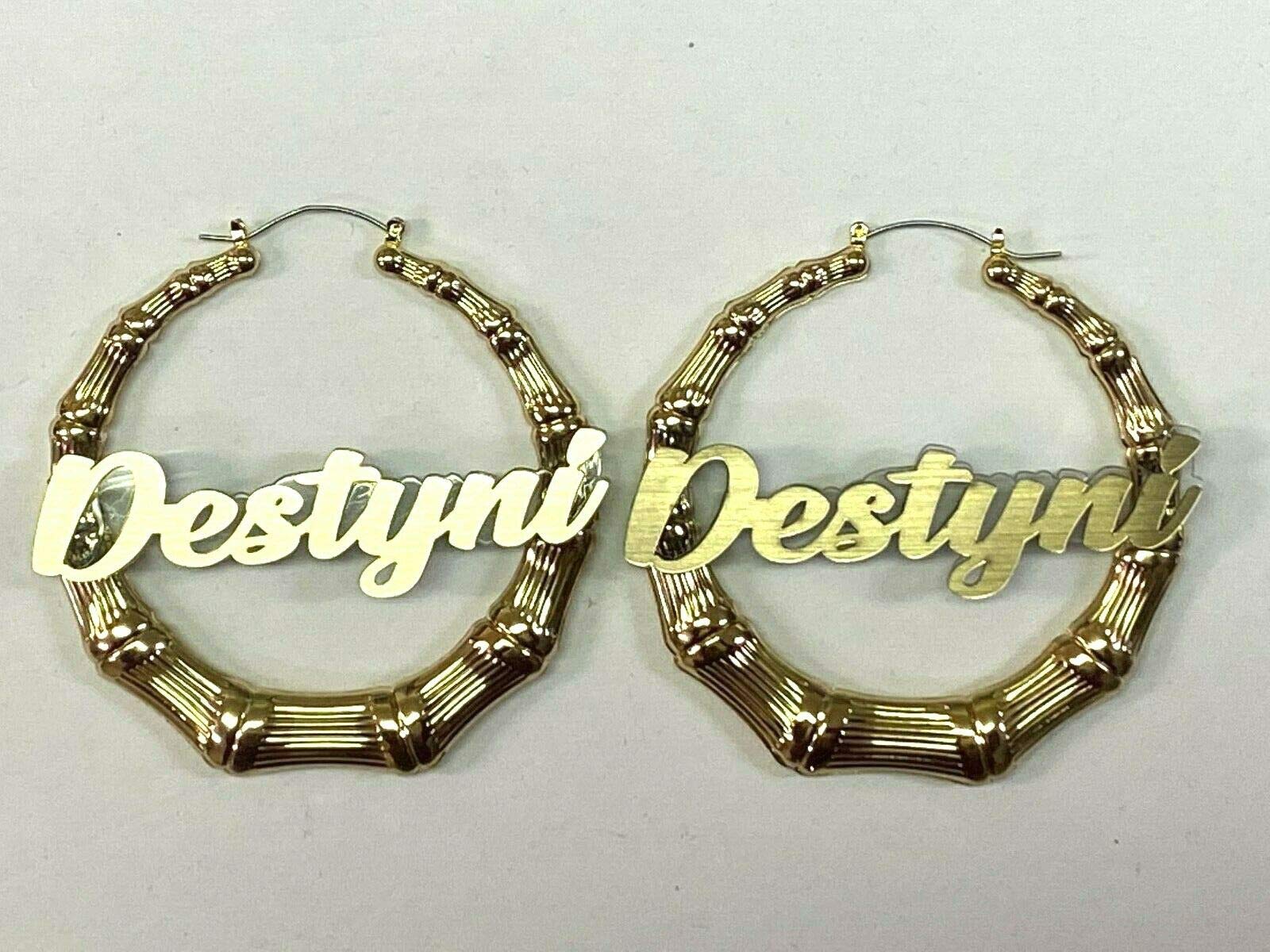 Stylish Bamboo Earrings Personalized Custom Gold 1.5, 2.5, 3.5" Size and Background Color Choice Hoop Name Plate Laser Cut Made To Order - Any Name Script Cursive Letters Stunning, Quality, Attractive (3.5" Bamboo Earrings)