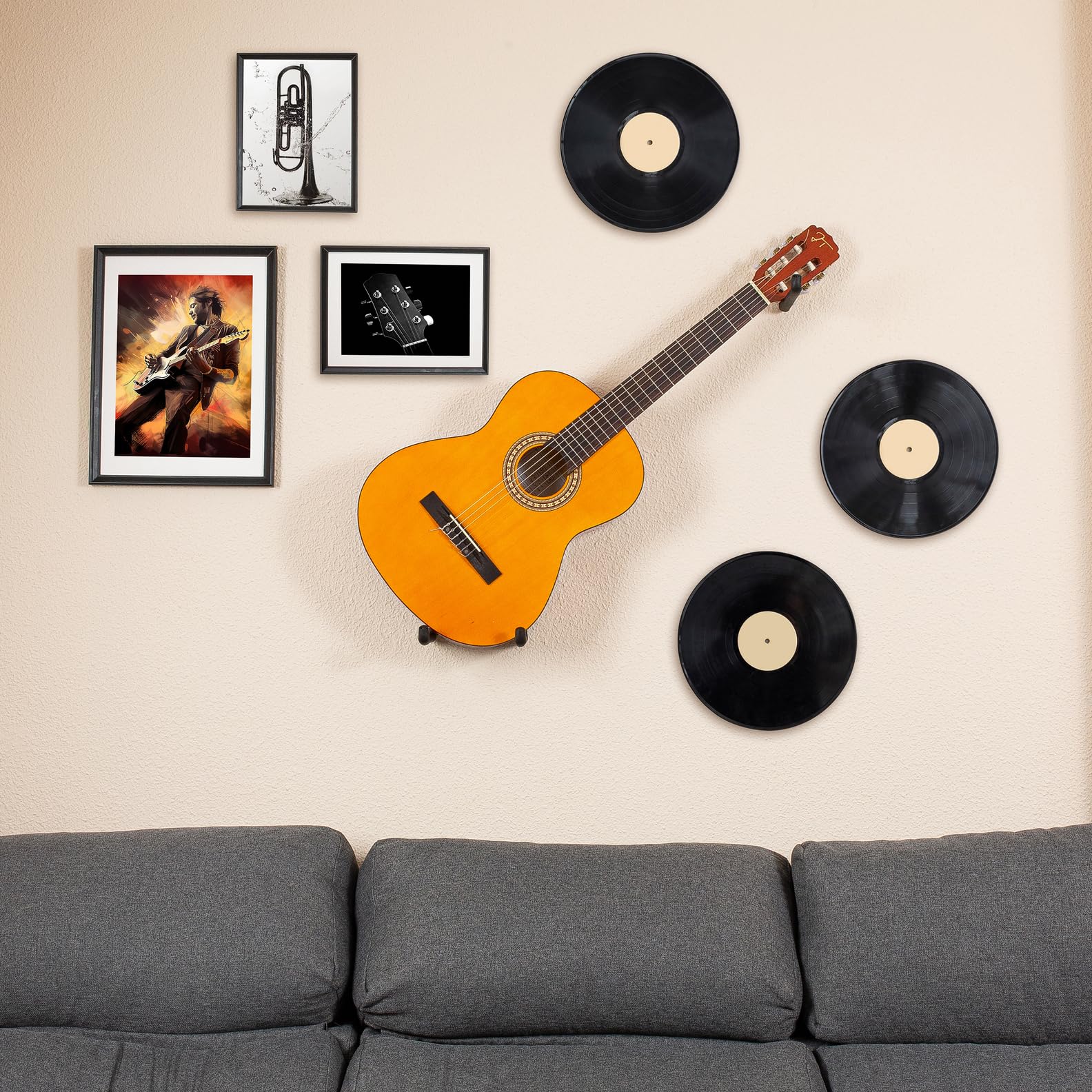 Guitar Hanger Wall Mount Horizontal - Tilted Display Ukulele, Bass, Electric Guitar, Banjo at a Slanted Angle (Country Classic)