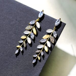 14K Gold Plated Olive Branch Leaf Cubic Zironia Cat Eye Dangle Earrings