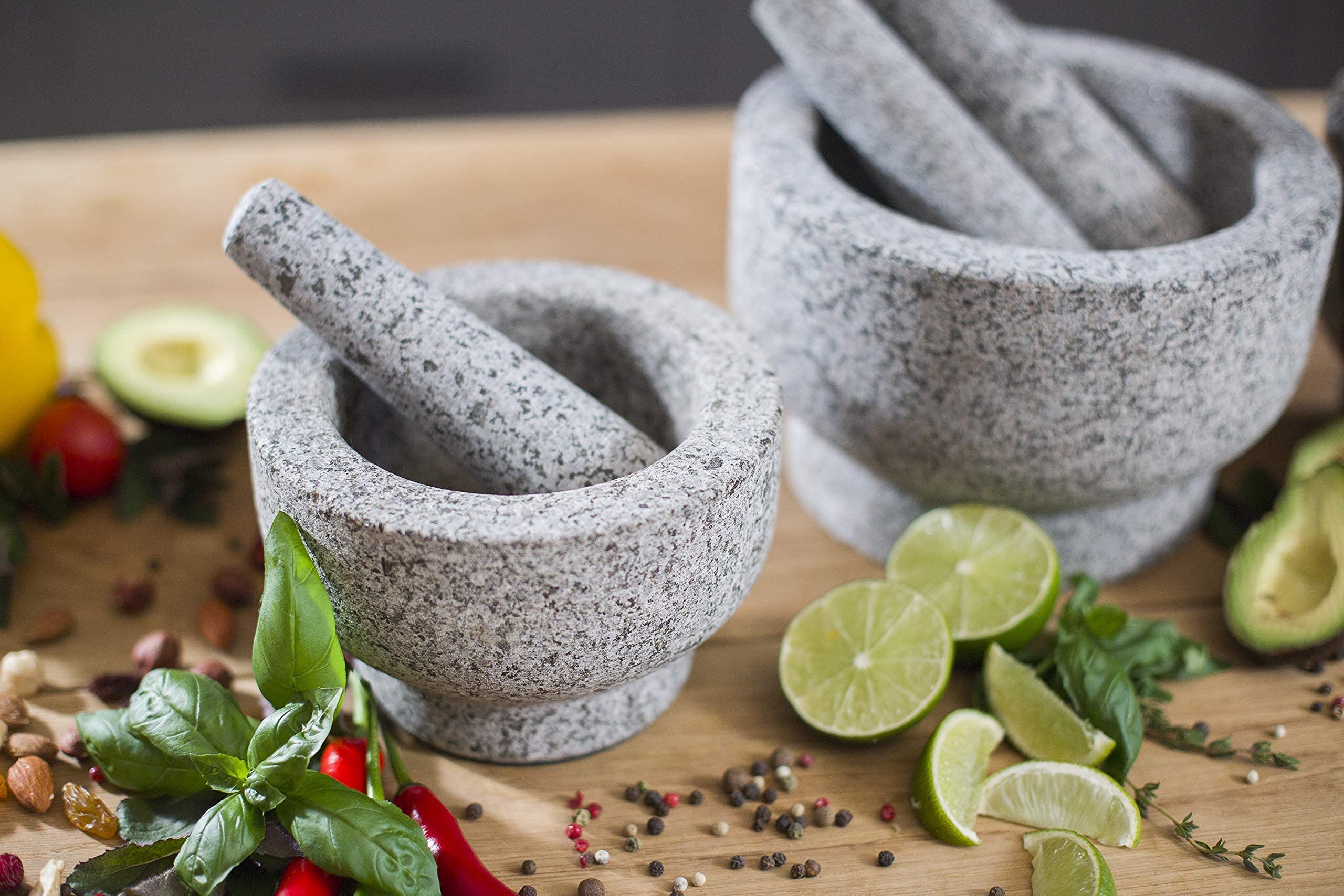 ChefSofi Mortar and Pestle Sets - The Standard 6 inch 2 Cup and The EXTRA Large 8 inch 5 Cup Capacity - Unpolished Heavy Granite for Enhanced Performance and Organic Appearance