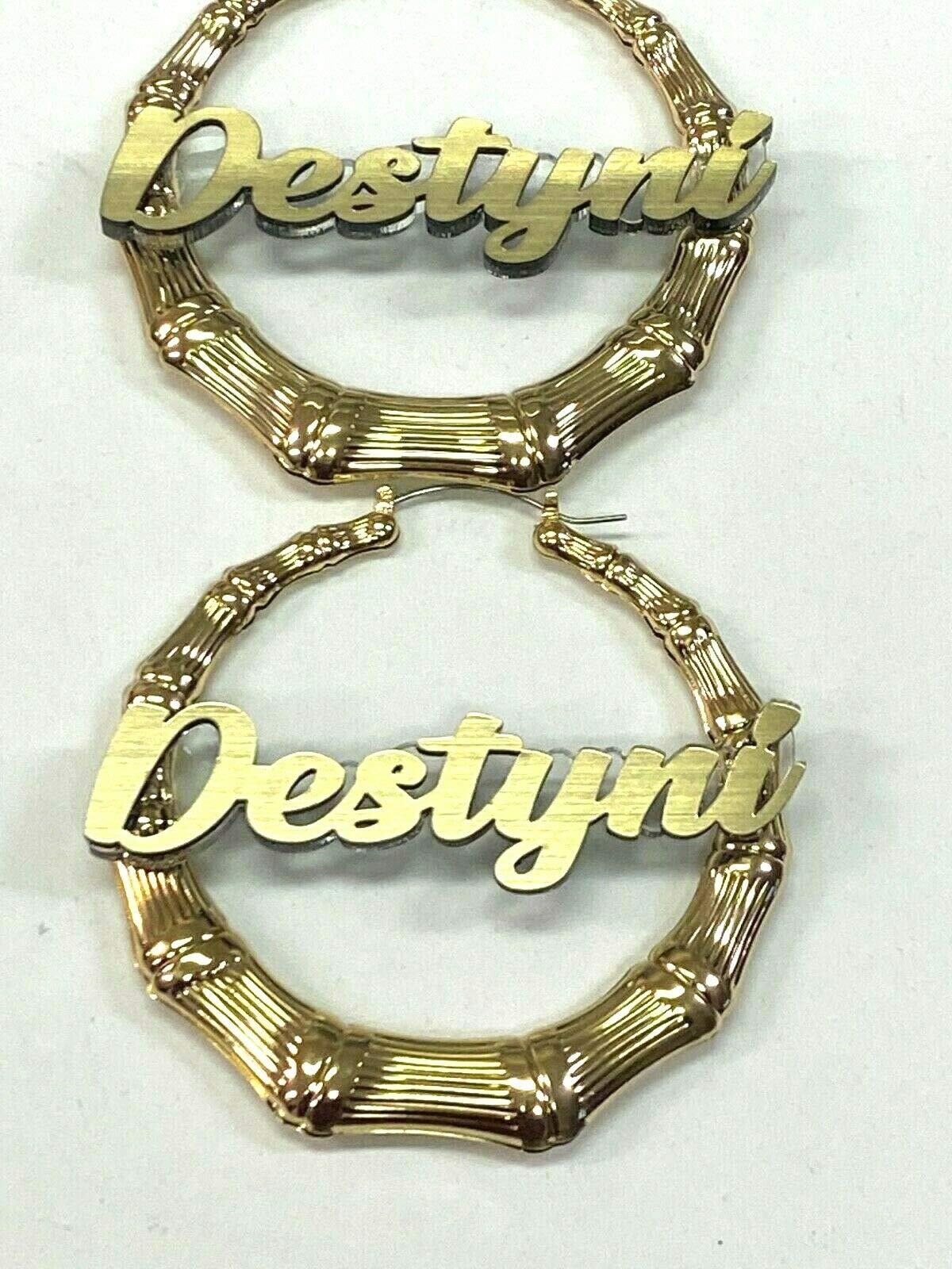 Stylish Bamboo Earrings Personalized Custom Gold 1.5, 2.5, 3.5" Size and Background Color Choice Hoop Name Plate Laser Cut Made To Order - Any Name Script Cursive Letters Stunning, Quality, Attractive (3.5" Bamboo Earrings)