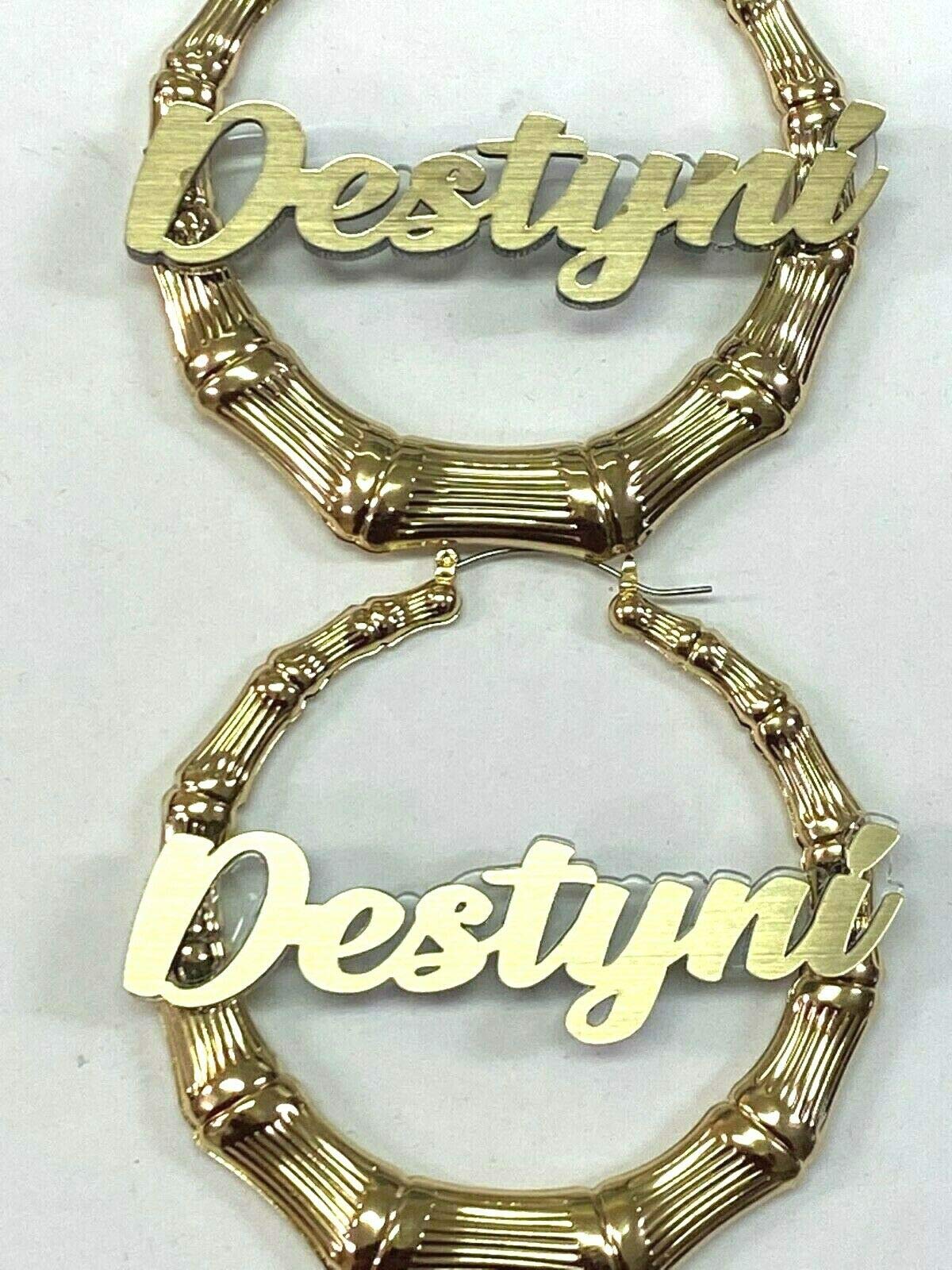 Stylish Bamboo Earrings Personalized Custom Gold 1.5, 2.5, 3.5" Size and Background Color Choice Hoop Name Plate Laser Cut Made To Order - Any Name Script Cursive Letters Stunning, Quality, Attractive (3.5" Bamboo Earrings)