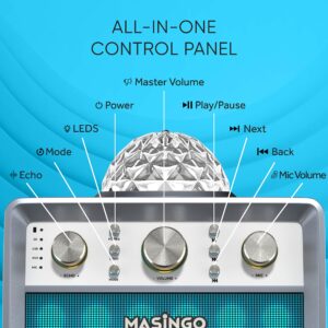 MASINGO 2023 Karaoke Machine for Adults & Kids with 2 Wireless Microphones - Portable Singing PA Speaker System Set w/Two Bluetooth Mics, Disco Ball Party Lights & TV Cable - Ostinato M7