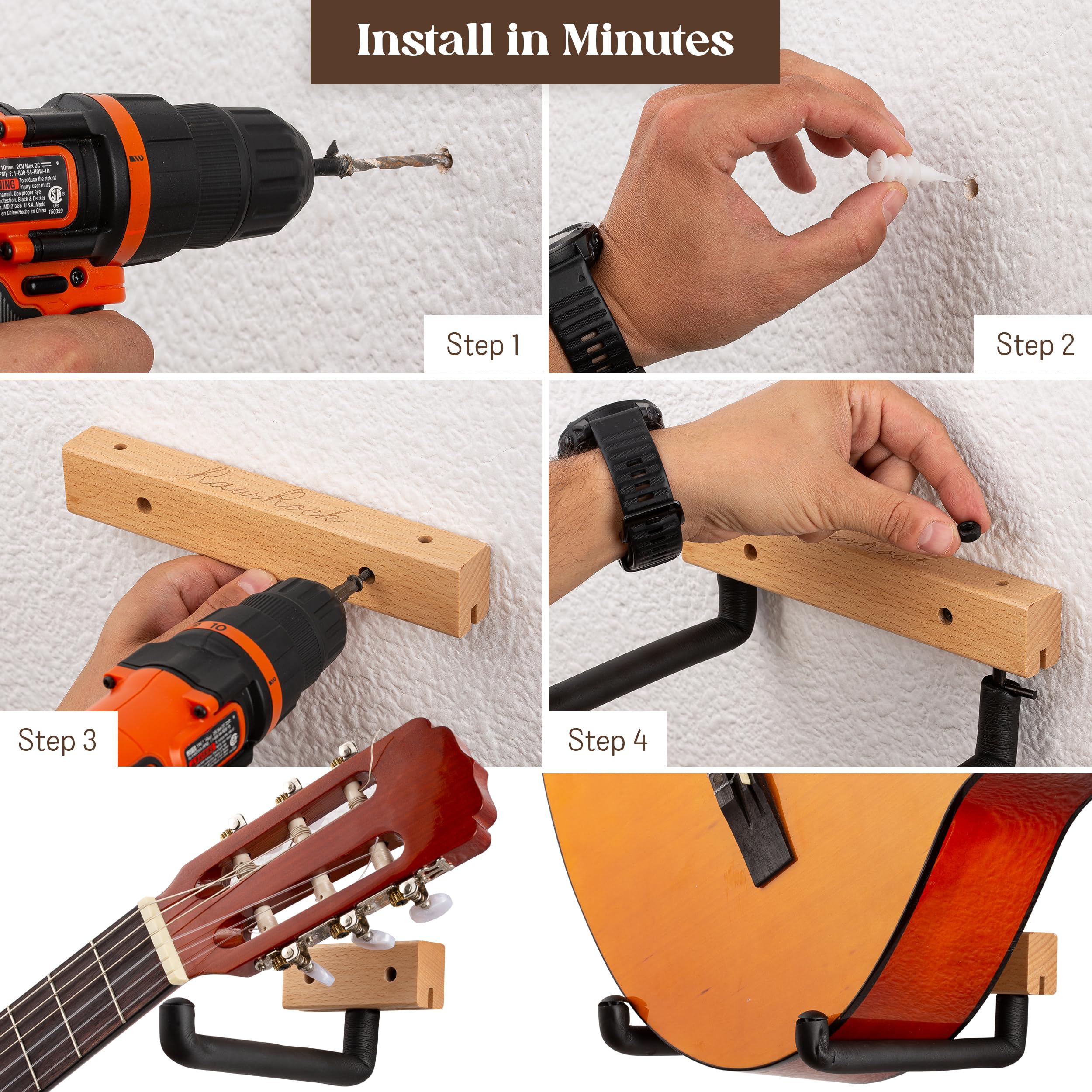 Guitar Hanger Wall Mount Horizontal - Tilted Display Ukulele, Bass, Electric Guitar, Banjo at a Slanted Angle (Country Classic)