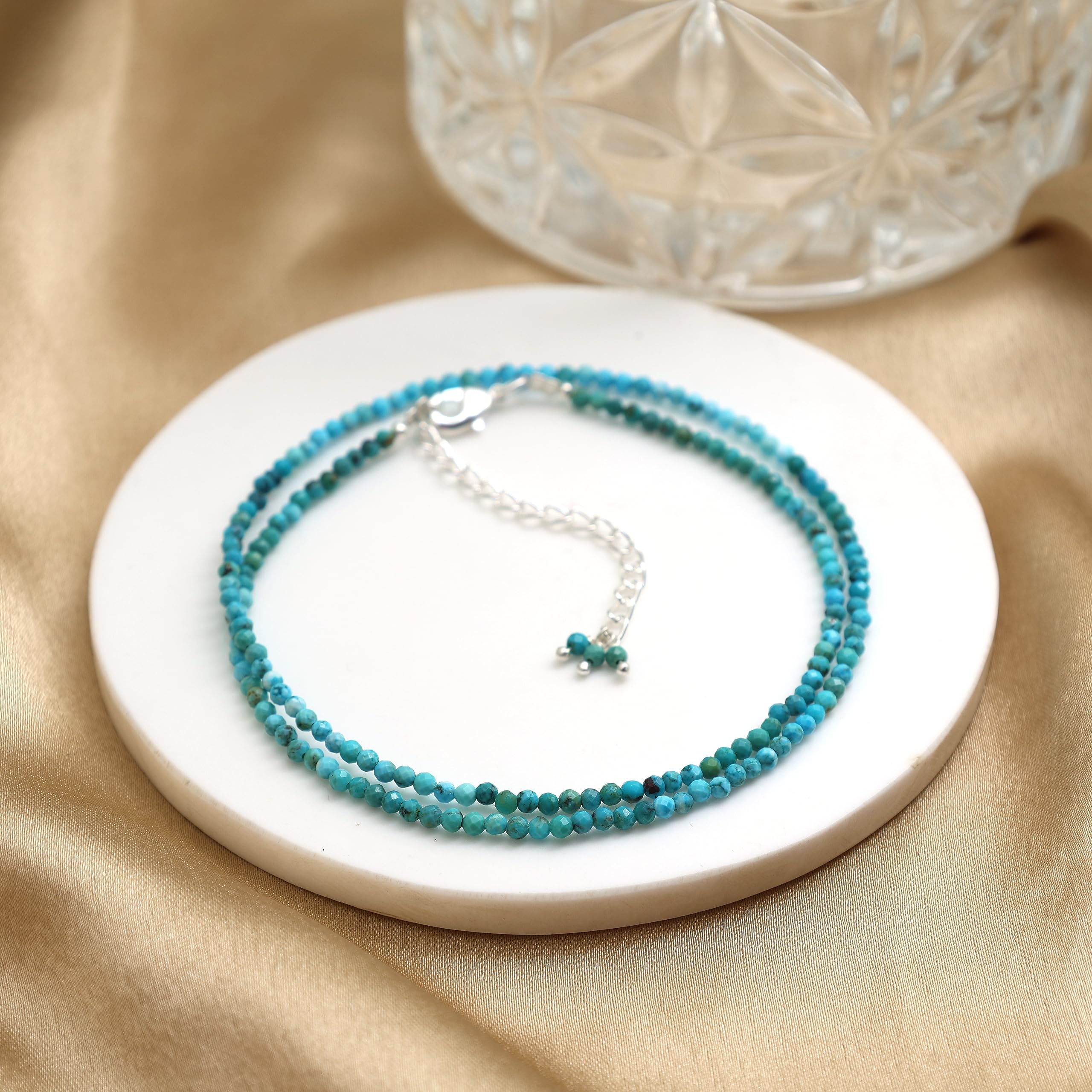 Gempires Genuine Turquoise Beads Beaded Choker Necklace for Women December Birthstone, 2.4-2.5 mm Faceted Beads With 16 + 2 Inch Adjustable Silver Plated Chain