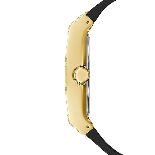 GUESS Men's Trend Multifunction 43mm Watch – Black & Gold-Tone Dial with Gold-Tone Polycarbonate Case & Flex Leather/Silicone Strap