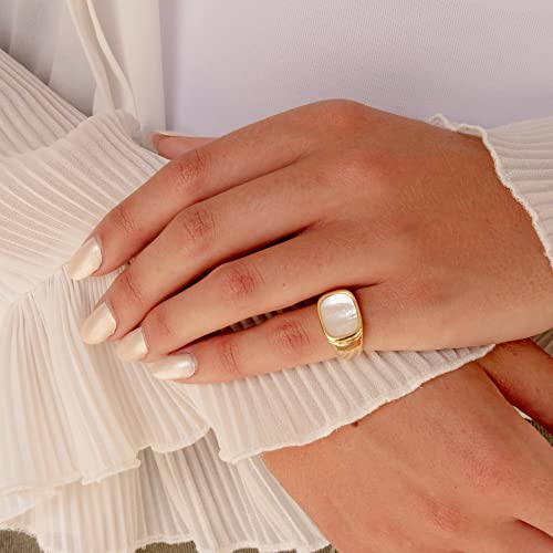 Aurelia Mae 18K Gold Plated Chunky Mother of Pearl Gold Ring Womens Gold Square Signet Ring Large Statement Ring